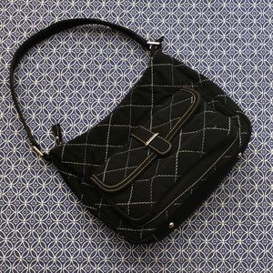 Vera Bradley navy purse - cross-hatch exterior, floral pattern interior.